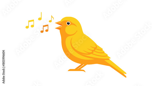 A bright yellow canary sings with music notes floating around its beak