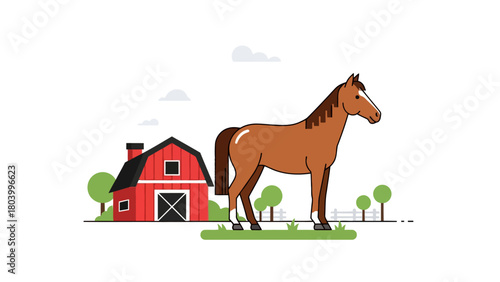 A brown horse stands in a grassy field beside a red barn