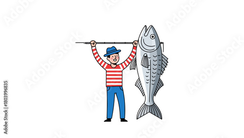 A cartoon fisherman holds up a large fish