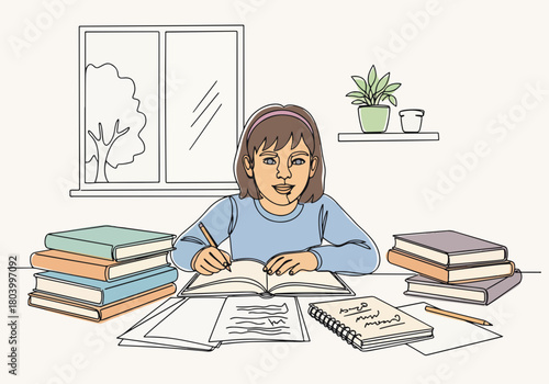 A young student doing her homework at a desk. Minimalist continuous line art. Home schooling and education concept