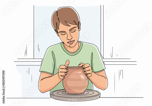 Young man shaping a clay pot in a pottery workshop. Minimalist continuous line art drawing. Creative hobby and handmade craft concept