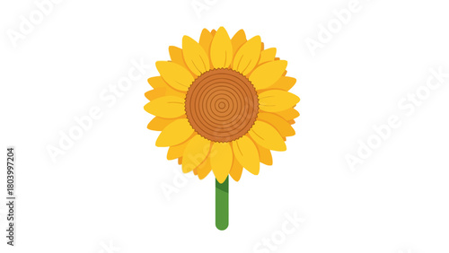 A cartoon sunflower with yellow petals and a brown center on a green stem