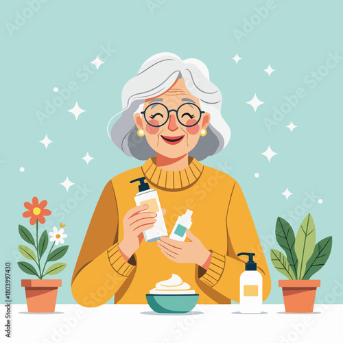 An elderly woman choosing moisturizer and cosmetic products. Senior skincare and beauty routine concept. Flat design character graphic.