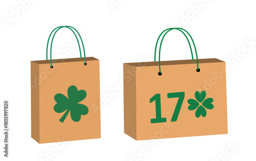 St. Patrick’s Day Gift Bag flat vector Illustration Set.
Irish Holiday Shopping Bags with clover and the number 17.
White background.