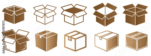 Box set icons vector collection, storage packaging graphic, isolated product bundle element, shipping inventory symbol, UI UX archival multimedia set variety, e-commerce retail crate