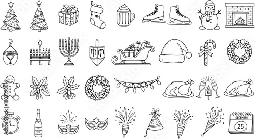 Festive Holiday Icons Set: Hand-Drawn Christmas, Hanukkah, and New Year Symbols