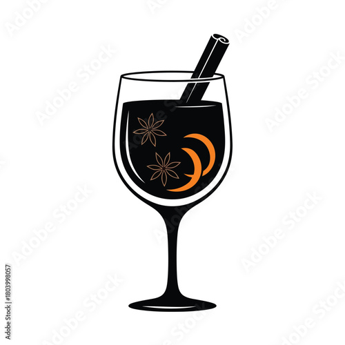 Black mulled wine in glass with cinnamon star anise and orange peel