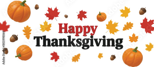 Happy Thanksgiving Clipart with Pumpkins, Autumn Leaves & Acorns – Festive Fall Background for Cards, Social Media & Print