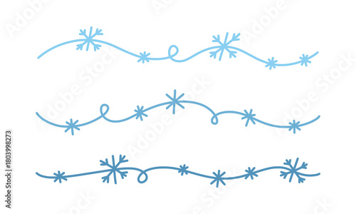 Set hand drawn line dividers and borders decorated with snowflakes. Simple, festive, and elegant vector elements for winter holiday cards and banners. Christmas border lines with snowflakes.