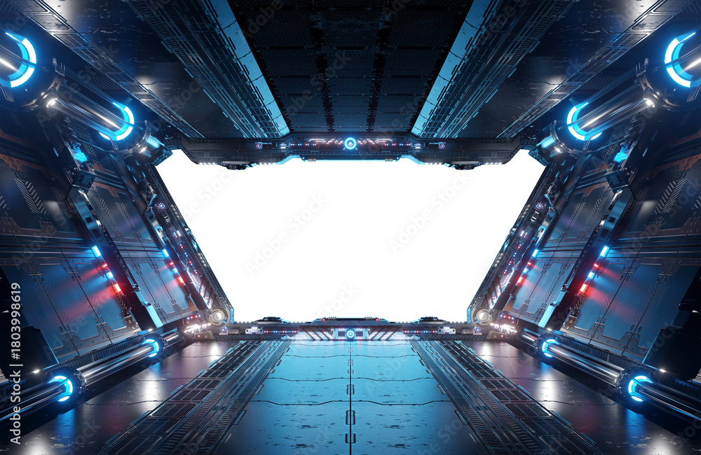 Obraz premium Metallic spaceship interior with isolated cut out transparent window. Glossy starship corridor with blue and pink glowing lights. 3D rendering