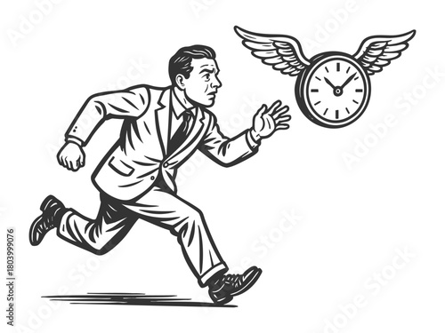 businessman running after a winged clock, representing time slipping away, deadlines, and urgency sketch engraving generative ai fictional character vector illustration. Scratch board. Black and white