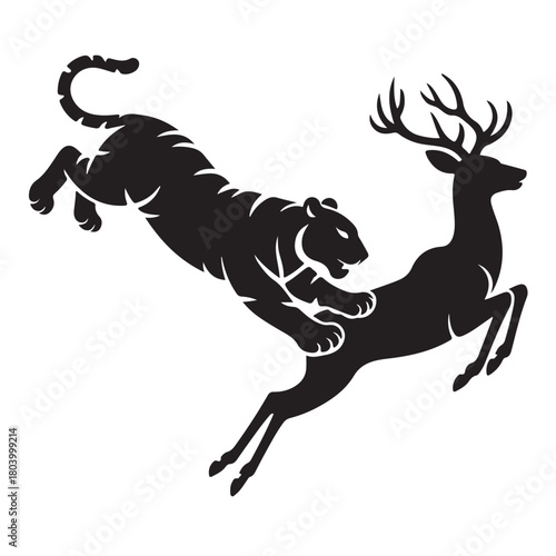 Tiger attacking deer silhouette for wildlife and hunting concepts and design ideas isolated on white background