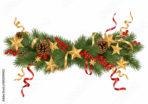 Festive Christmas garland with green pine branches, golden stars, pine cones, red berries, and curling gold and red ribbons on a white background.