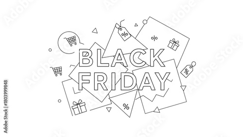 Black Friday sale promotion with shopping carts, gift boxes, and percentage tags for commercial retail marketing campaigns