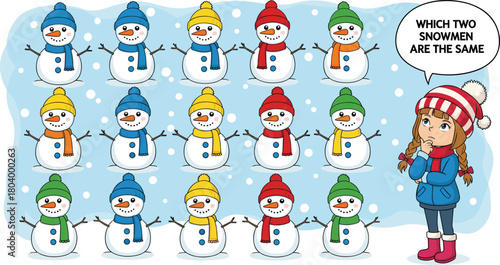 Visual Puzzle Game for Children Asking "Which Two Snowmen Are The Same," Representing Matching, Observation Skills, and Winter Fun Activity Vector.