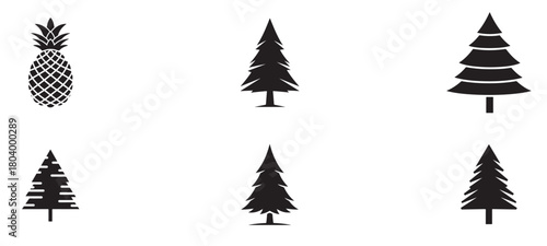 Christmas trees set vector illustration, holiday decoration collection, isolated festive pine element, winter forest graphic, seasonal design template, ornamental silhouette