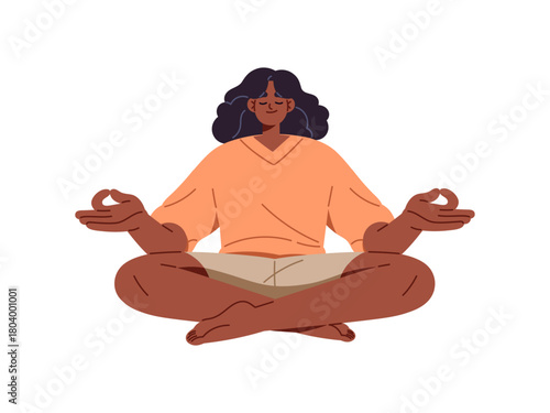 African American girl sits in lotus pose and practices meditation. Black young woman relaxes in yoga asana. Harmony and zen in vipassana posture. Flat isolated vector illustration on white background