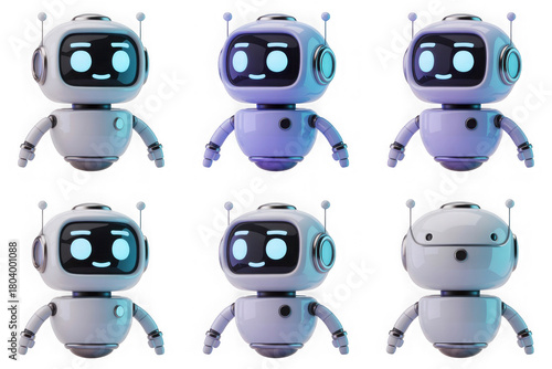 Cute robot characters in different colors and expressions. isolated on transparent background