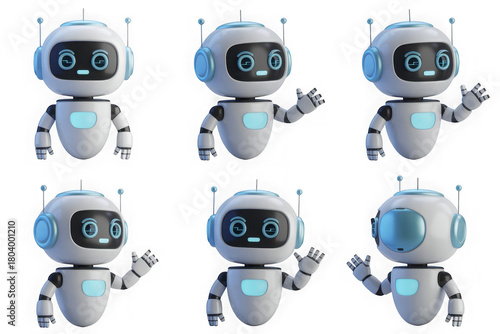 Cute robot collection with different gestures and expressions on white background isolated on transparent background