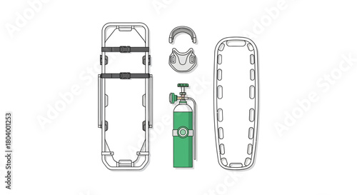 Emergency Medical Equipment Collection Stretchers, Head Immobilizer, and Oxygen Tank Illustration