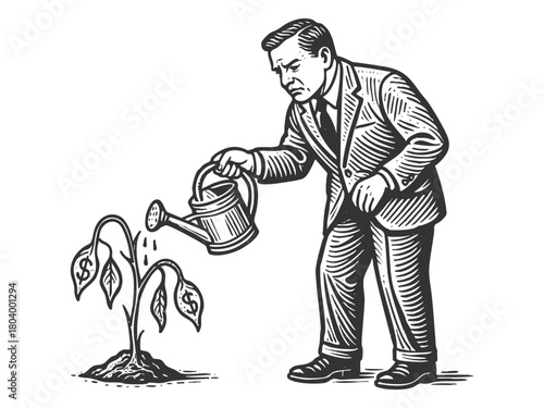 sad businessman watering a drooping plant with dollar bills, failed investments or poor financial returns sketch engraving generative ai vector illustration. Scratch board imitation. Black and white.