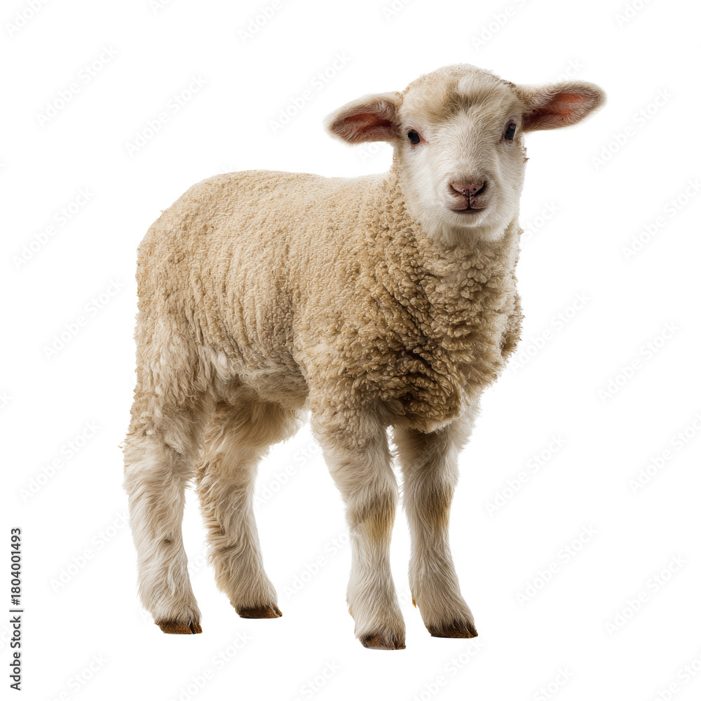 Fototapeta premium Young lamb standing and looking at camera with transparent background