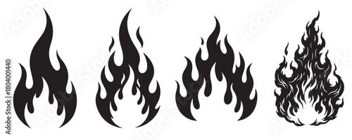 A set of four black flame illustrations isolated on white background, each with a unique shape and intensity, perfect for adding a fiery touch to your designs and projects