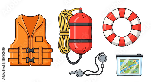Safety Gear Icons Life Vest, Buoy, Lifebuoy, and Map
