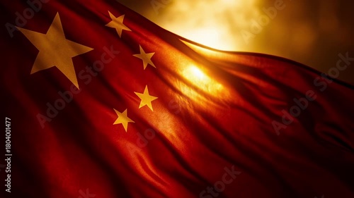 Closeup of China flag at sunset waving in slow motion