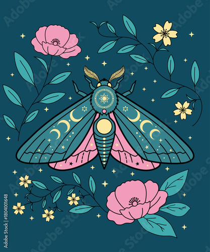 celestial moth and peony mystical illustration