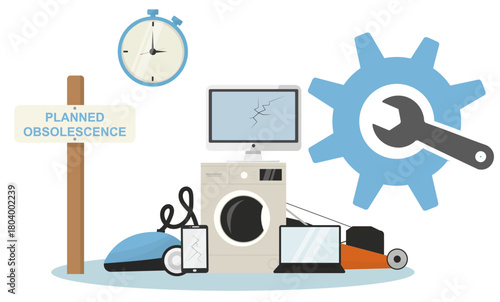 Planned Obsolescence with Damaged Appliances and Gear Symbol. Broken appliances, repair gear, and stopwatch, illustrating limited product lifespans and sustainability issues. Vector illustration
