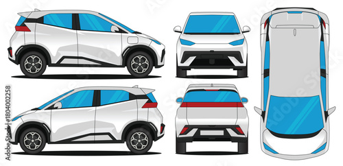 Hatchback car vector. Car mockup illustration of a dolphin. Isolated on white background, With side, front, rear and top views