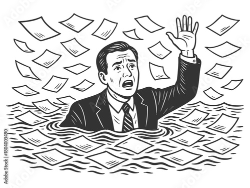 businessman raising his hand for help while drowning in a flood of documents and stress sketch engraving generative ai fictional character vector illustration. Scratch board. Black and white image.
