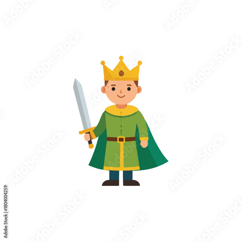 A cheerful cartoon king with a golden crown holds a silver sword in minimalist style for children