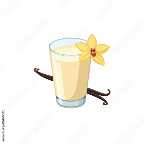 A charming visual showcasing a vanilla flavored beverage adorned with flower, presented against a