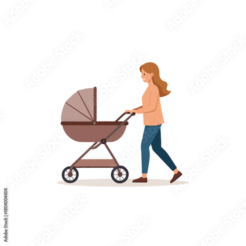 A mother strolling with a baby in a pram under clear skies is a picture of familial affection and