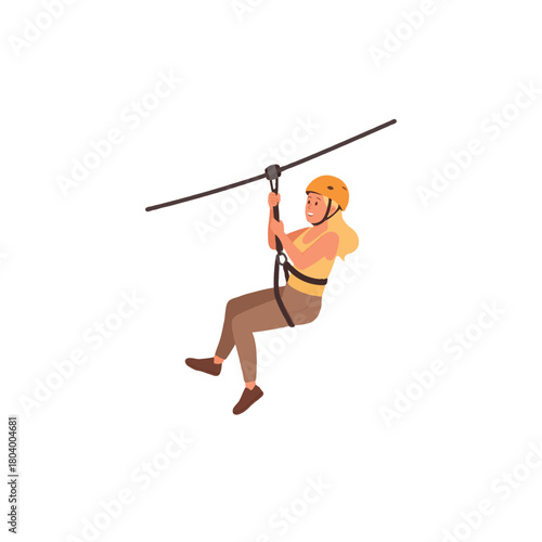 Adventurous woman conquering heights: Enjoying thrilling zip line experience in nature's