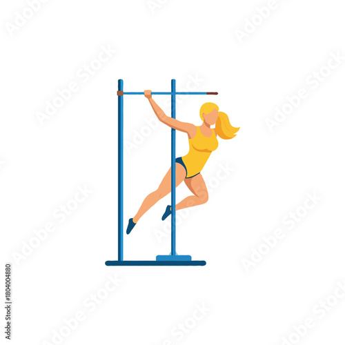 Athletic woman training on horizontal bar showcasing dynamic balance control and muscular physique
