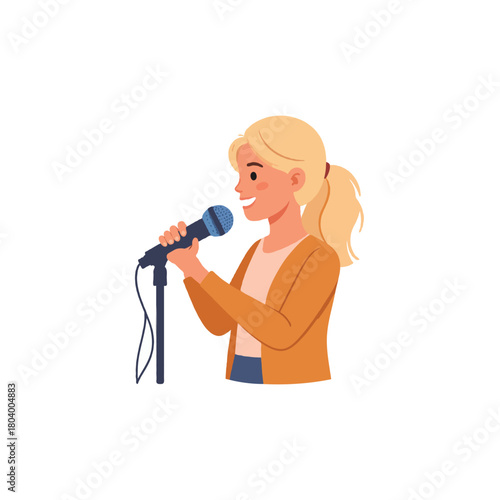 Blond singing vocalist performing with great passion utilizing a microphone for broadcasting the