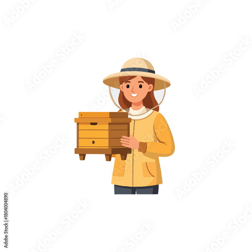 Beekeeper carrying wooden beehive with care protecting her colony and gathering sweet honey