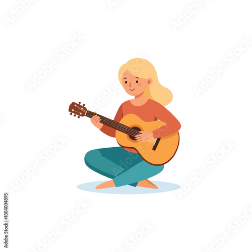 Blonde female guitarist serenading melodies during quiet afternoon moments creating peaceful