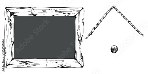 Chalkboard sign with copy space in distressed white wooden border frame with craquelures, hanger rope and nail. Single object isolated illustration hand drawn in vector ink. Bar, cafe signage display