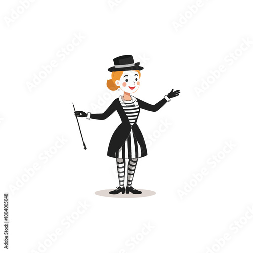 Cartoon female mime artist with hat and cane showcases classic performance style and theatrical
