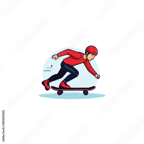 Cartoon illustration depicting a skateboarder gliding forward with safety gear against a