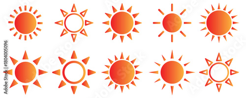 Collection of sun icons isolated on white background, featuring various styles and designs, suitable for weather reports, summer events, and childrens artwork