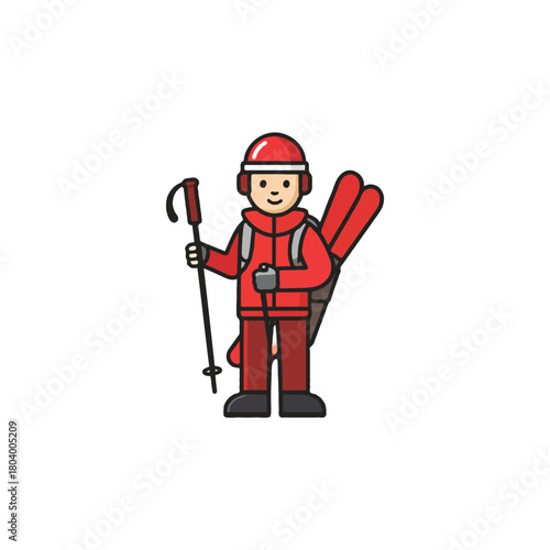 Cartoon skier ready for mountain adventure holding poles and backpack with skis illustration vector