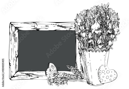 Bouquet of wild lavandula and Spanish broom in metal cachepot, framed blackboard sign with butterfly insect. Isolated illustration hand drawn in vector ink. Handmade accessories shop, floral branding