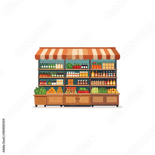 Colorful grocery stand displaying diverse produce and packaged goods inviting shoppers to explore
