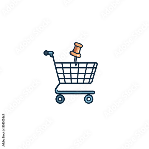 Conceptual icon portraying a shopping cart pierced by a pin suggesting a stoppage or an idea shop