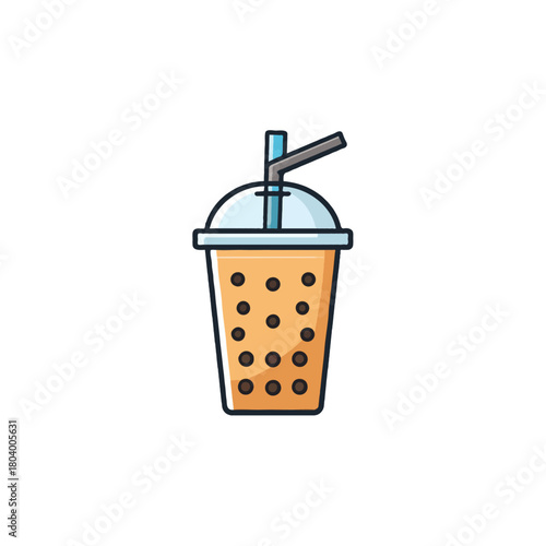 Delicious bubble tea illustration in a transparent cup with small black tapioca pearls on a white